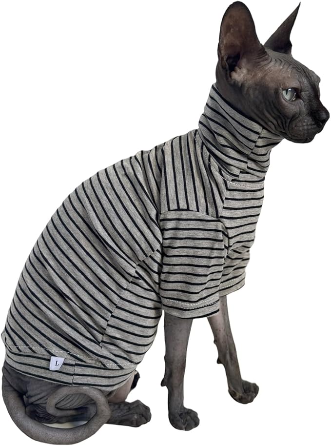 Vintage Stripes Sphynx Hairless Cats Shirt Cotton Cat Turtleneck Pet Clothes Kitten T-Shirts with Sleeves for Sphynx Cornish Rex, Devon Rex, Peterbald (Grey Stripe, XX-Large (Pack of 1))