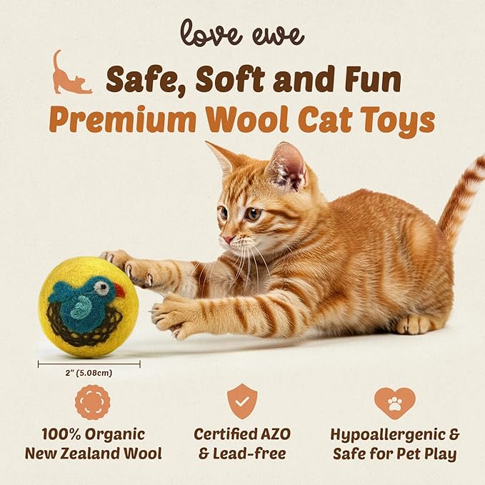 Hustle & Blush Wool Felt Balls - 3 Pack Love Ewe Pet Supplies – 2in Colorful & Durable Cat Toys Handmade from New Zealand, Ideal for Indoor Play and Mental Stimulation – Fish & Bird Design