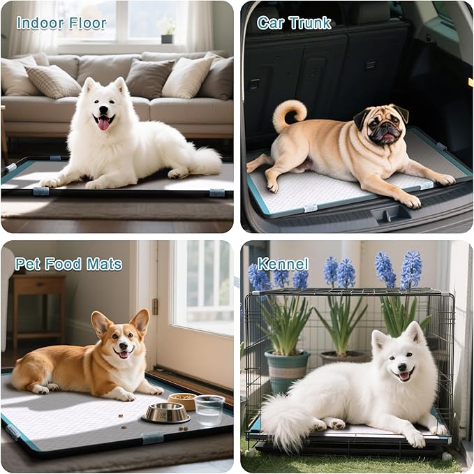 Pee Pad Tray Holder for Dogs, Extra Large Soft Silicone Pet Pad Holder 34" x 22" Pee Pads, Non-Slip High Edge for Leak-Proof Urine, Floor, Cat Litter Mat with 6 Clamps