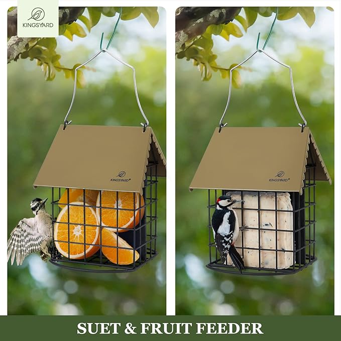 Kingsyard Double Suet Bird Feeder with Weatherproof Roof & Perch, All Metal, Suet Cakes Cage Bird Feeder for Outdoors Hanging, Easy to Clean & Refill, Brown