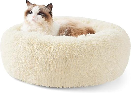 Bedsure Calming Cat Beds for Indoor Cats - Small Cat Bed Washable 20 inches, Anti-Slip Round Fluffy Plush Faux Fur Pet Bed, Fits up to 15 lbs Pets, Ivory Beige