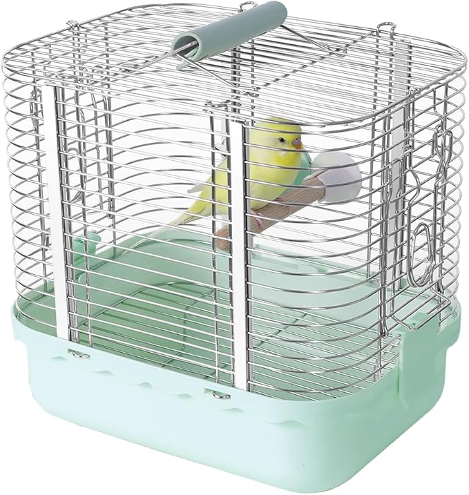 Bird Carrier Travel Cage, Durable Portable Stainless Steel Birdcage with Bird Perch & Feeding Bowl for Parrots Canaries Budgies Lovebirds Conures Cockatiels (Small Light Green)