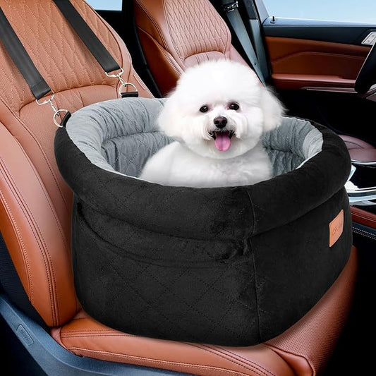 Cozy Dog Car Seat for Small Dogs Up to 30lbs, Elevated Memory Foam Booster Seat, Pet Travel Bed with Washable Removable Cover & Storage Pockets(Black&Gray)