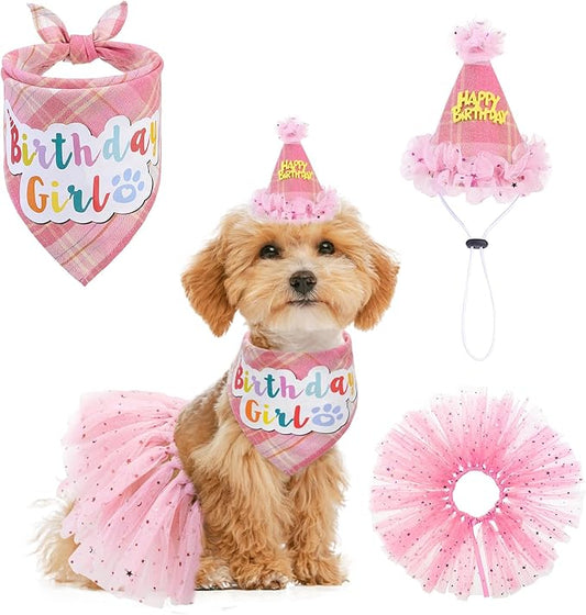 SCENEREAL Dog Birthday Bandana Hat with Dress Girl Set Party Supplies Plaid Puppy Birthday Outfit Cute Dog Tutus for Small Medium Lage Dogs, Pink Plaid