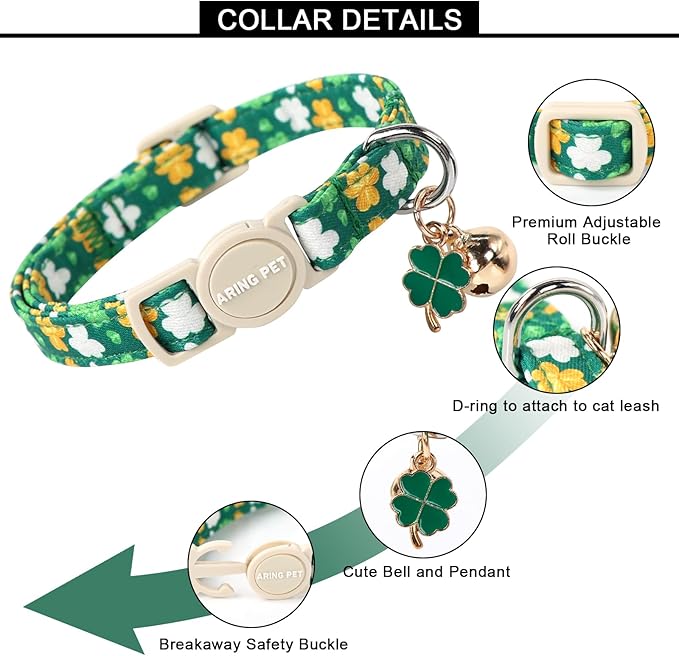 ARING PET 2 Pack St. Patrick's Day Cat Collars-Cute Green Clovers Cat Collar Breakaway with Bell&Pendant, Adjustable Lucky Trefoil Kitten Collars with Safety Buckle