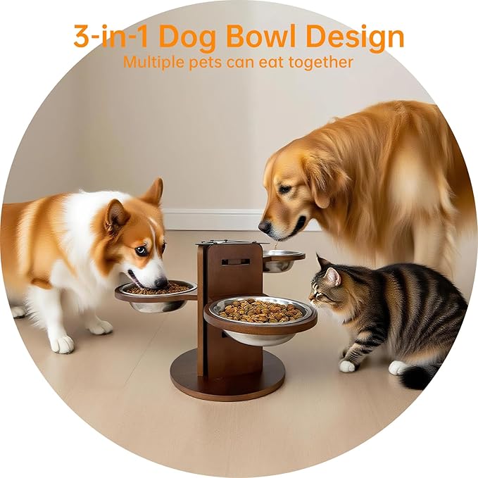 Adjustable 3-in-1 Elevated Dog Bowls, Bamboo Dog Bowl Stand (3.6"/6.3"/9.2") with 3 Stainless Steel Bowls, 3 Heights Adjustable Pet Feeding Station for Cats/Small/Medium/Large Dogs