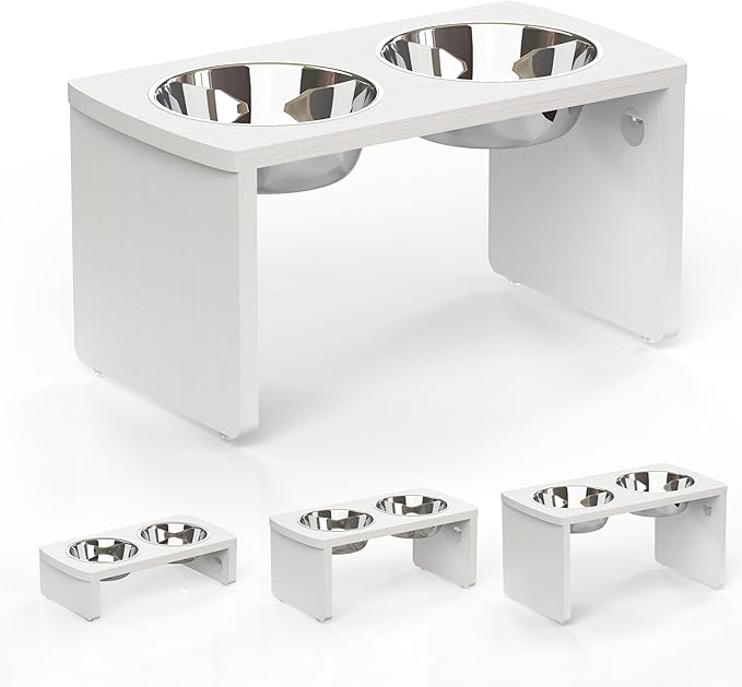 Elevated Dog Bowls, HIPS Raised Dog Bowl for Large Dogs & Medium Dogs, with 2 Stainless Steel Bowls (10'' Tall–48 oz Bowl, White)
