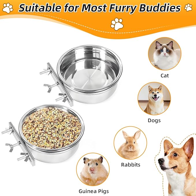 2 Packs Kennel Water Bowl Hanging Dog Crate Water Bowl No Spill Mountable Stainless Steel Dog Bowl Feeding Dish Wall Mounted Cat Food Bowls for Cats Guinea Pigs Rabbits