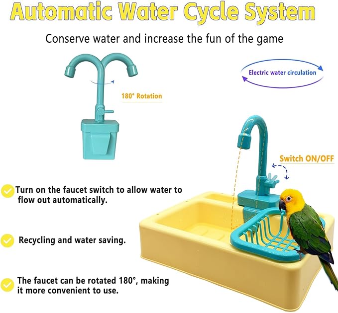kathson Parrot Bathtub,Automatic Bird Shower Box,Multifunctional Parakeet Bathtub with Faucet,Bird Bathing Tub Pool Toy for Small Medium Birds Cockatiel Lovebird Budgie,Yellow