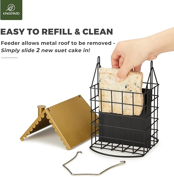 Kingsyard Double Suet Bird Feeder with Weatherproof Roof & Perch, All Metal, Suet Cakes Cage Bird Feeder for Outdoors Hanging, Easy to Clean & Refill, Brown