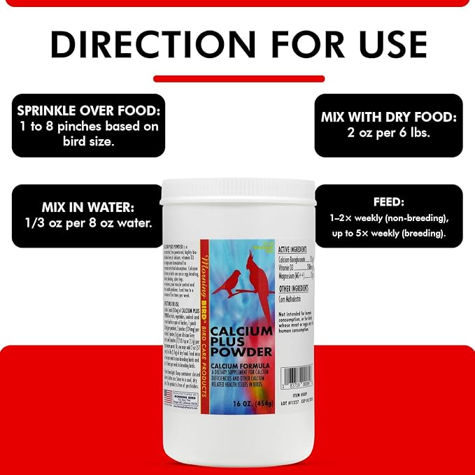 Morning Bird Calcium Plus Powder for Birds 16 oz – Calcium Supplement with Vitamin & Protein Powder – Supports Bone Health, Muscle Function & Digestive Balance – Easy-to-Mix Calcium Formula
