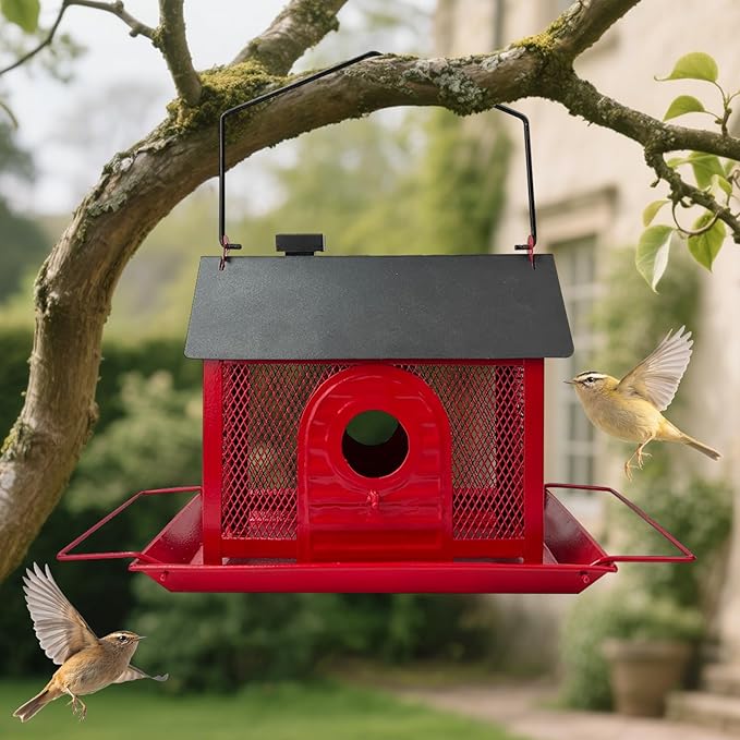 Bird Feeder House for Outdoors – Red Metal Hanging Bird Feeder, Decorative Bird House Feeder for Cardinals, Finches, and Wild Birds, Weatherproof Backyard Garden Decor