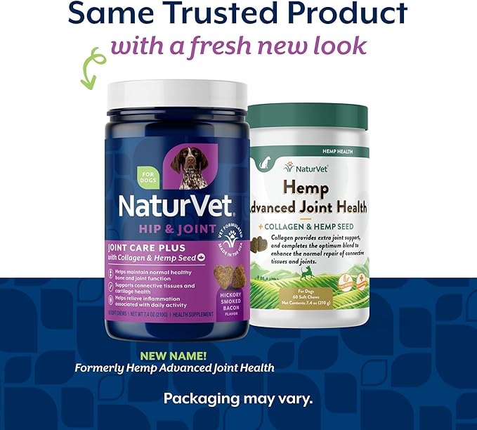 NaturVet Hemp Advanced Joint Health Dog Supplement Plus Hemp Seed – Helps Support Joint Health in Dogs – Includes, Collagen, Glucosamine, MSM, Chondroitin, Omegas – 60 Ct.