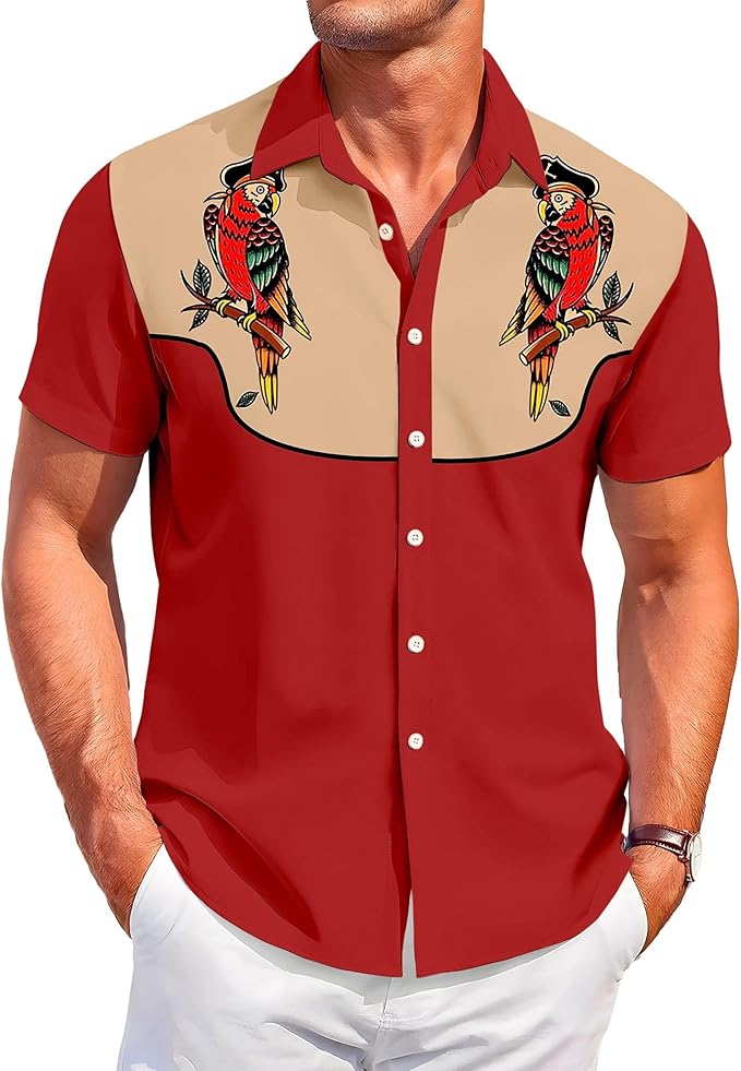 Men’s Hawaiian Shirt Western Cowboy Symmetrical Print Short Sleeve Button Down Casual Beach Holiday Summer Shirt