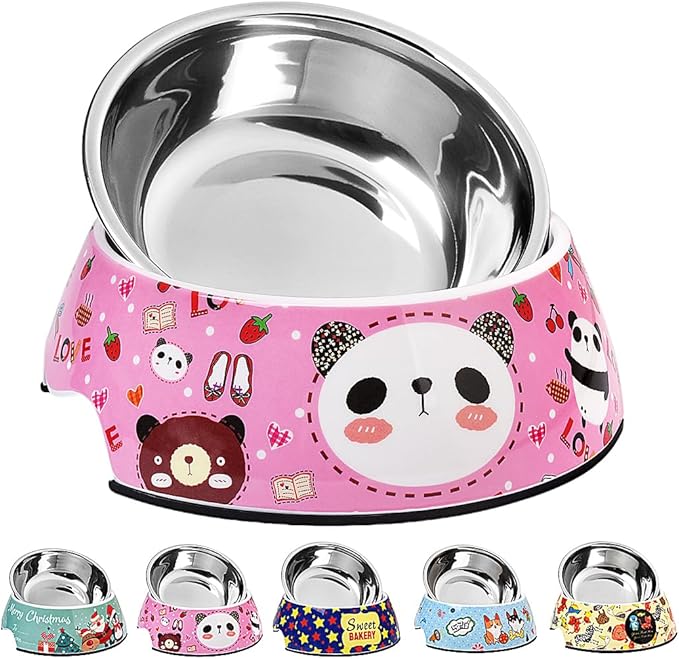 Pet Cats Dogs 2 in 1 Food Water Bowls - Non Slip Skid Proof Heavy Duty Pet Cats Dog Food Water Bowls for Feeding Drinking Small Medium Large Dogs Cats Puppies-Pink Panda-S