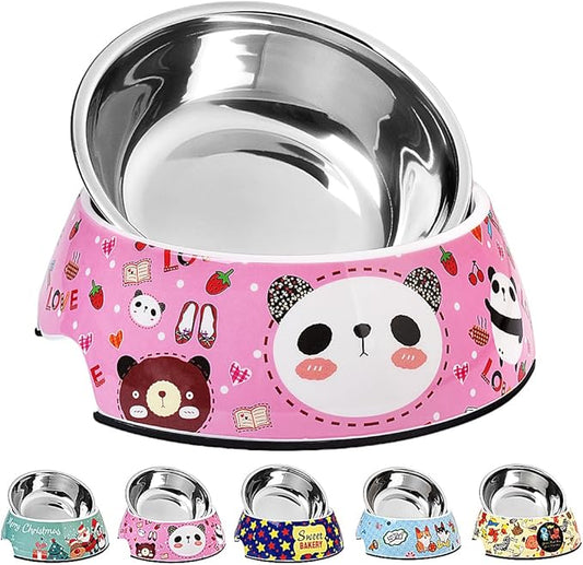 Pet Cats Dogs 2 in 1 Food Water Bowls - Non Slip Skid Proof Heavy Duty Pet Cats Dog Food Water Bowls for Feeding Drinking Small Medium Large Dogs Cats Puppies-Pink Panda-S