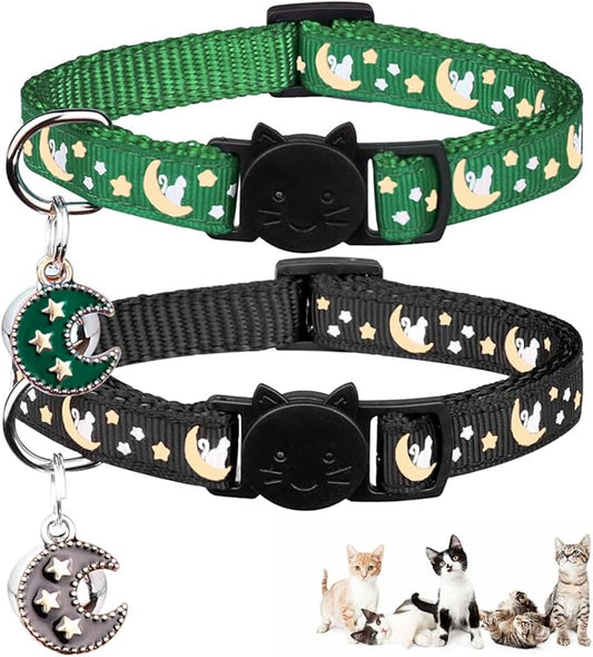 2Pcs Breakaway Cats Collars Cat Collars for Boy & Girl Cats Adjustable Kitten Collars with Bell,Black+Emerald