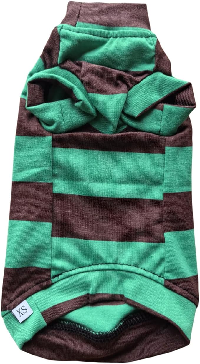 Vintage Stripes Sphynx Hairless Cats Shirt Cotton Cat Turtleneck Pet Clothes Kitten T-Shirts with Sleeves for Sphynx Cats (Wide Green Brown Stripe, X-Small)