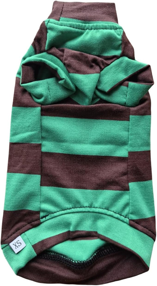 Vintage Stripes Sphynx Hairless Cats Shirt Cotton Cat Turtleneck Pet Clothes Kitten T-Shirts with Sleeves for Sphynx Cats (Wide Green Brown Stripe, X-Small)