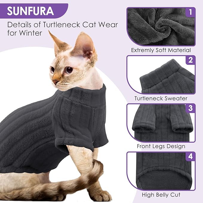 SUNFURA Sweaters for Cats, Hairless Sphynx Sweater Kitten Pullover with Sleeves, Warm and Soft Cat Pajamas Fleece Sweatshirt Jumpsuit, Turtleneck Clothes for Fall Winter, Grey S