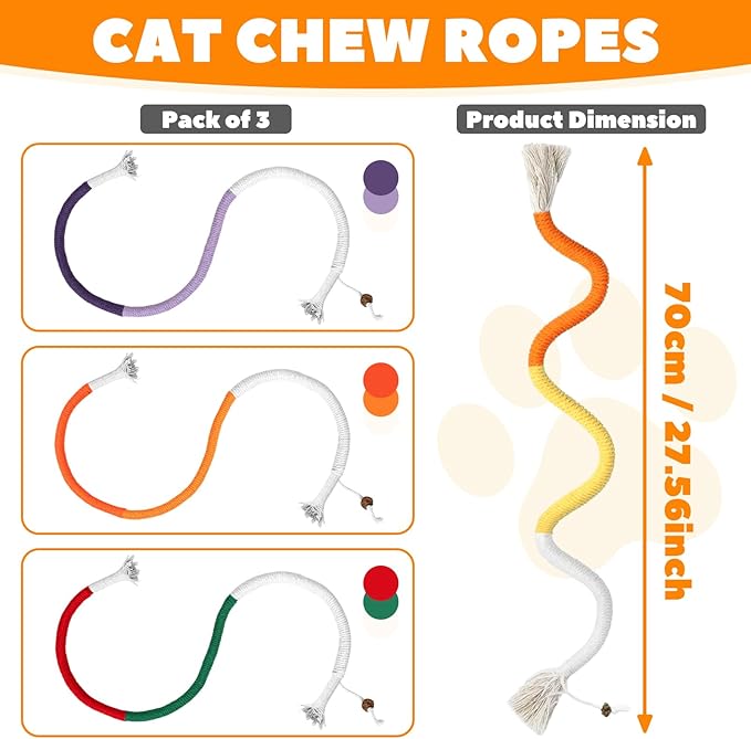 Cat Chew Ropes 3 Pack with Natural Catnip, Interactive Catnip Toys for Indoor Cats, Safe Teeth Cleaning Kitten Rope Toy, Durable Cat Kicker Chew Toy for All Breeds