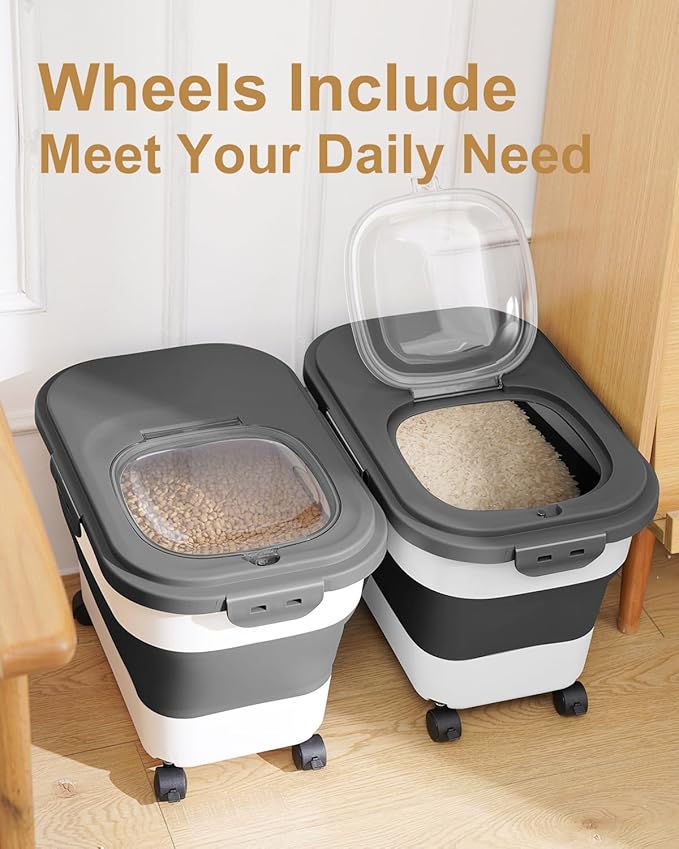 20-30 Lbs Rice Storage Container,Collapsible Food Storage Containers with Rolling Wheel Airtight Locking Lid,Flour Storage Container with Cup and Scoop,Suitable for Food,Rice,Pet Food,Flour