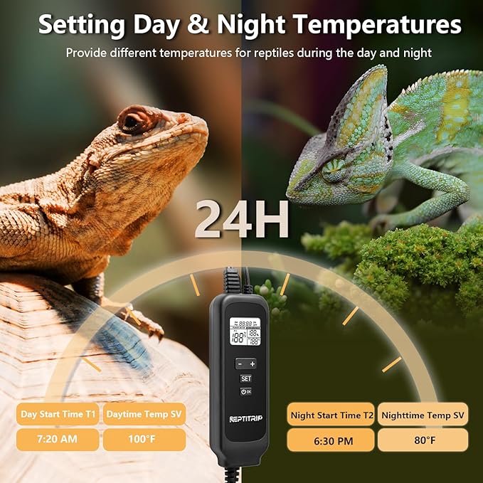 5.5 Inch Day-Night Thermostatic Reptile Heat Light Fixture - Heat Lamp Temperature Controller for Bearded Dragons, Snakes & Lizard – Bulb Not Included (Max 100W)