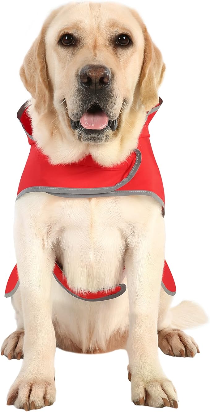 Dog Raincoat for Medium Dogs Waterproof Hooded Rain Jacket with Reflective Strips Leash Hole & Poncho Adjustable Fit (Red,L)