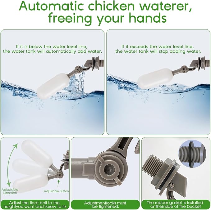 Automatic Chicken Waterer Filtered Float-Controlled Chicken Waterer 2 Gallons Large Watering System Poultry Water Feeder Kit with 60 Inch Metal Hose for Duck Quail Turkey Chick