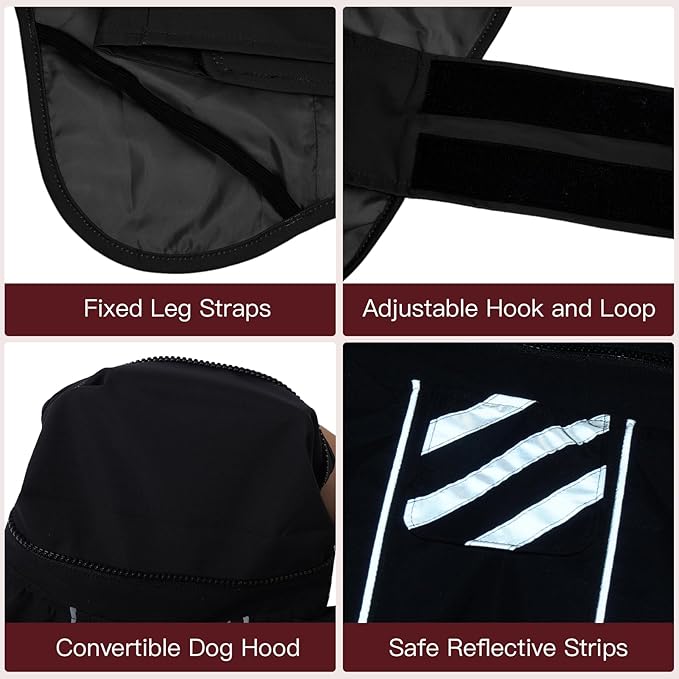 Dog Raincoat, Waterproof Dog Rain Jacket with Convertible Hood/Collar, Adjustable Belly-Protect Rain Coat for Meidum Dogs Poncho Reflective (Black, M)