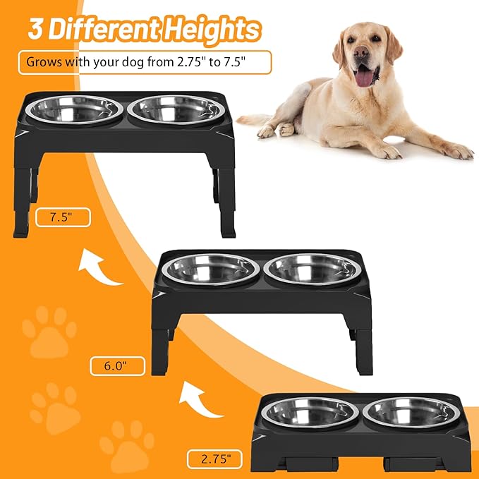Hubulk Elevated Dog Bowls with 2 Stainless Steel Dog Food & Water Raised Bowls with No Spill Edge Non-Slip Stand Adjusts to 3 Heights(2.75", 6.0", 7.5") for Small Medium Dogs and Pet