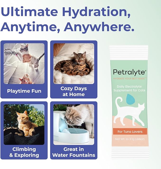 Petralyte Cat Hydration Electrolyte and Cat Joint Supplement | Hydration Support for Cats w/Glucosamine, Chondroitin, L-Glutamine, Taurine, Lysine & Prebiotics | for Tuna Lovers | 16 Packets