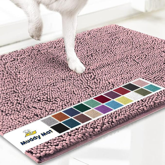 Muddy Mat® AS-SEEN-ON-TV Highly Absorbent Microfiber Door Mat and Pet Rug, Non Slip Thick Washable Area and Bath Mat Soft Chenille for Kitchen Bedroom Indoor and Outdoor - Light Pink 48" x 60"
