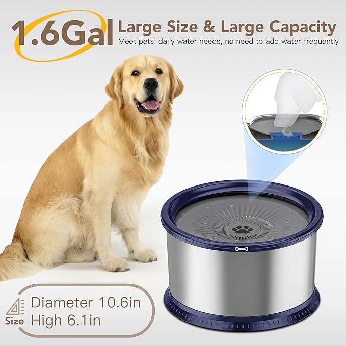 1.6 Gallon Dog Water Bowl, 6.5L/220oz Stainless Steel No Spill Water Bowls for Large Dogs, Super Large Capacity Splash Proof Pet Slow Drinking Water Bowl with Anti-Slip Mat for Mess Drinkers