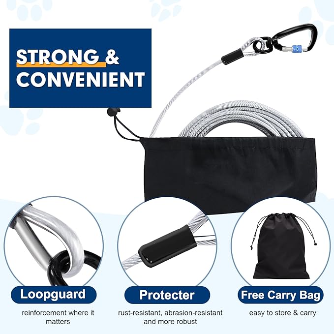 Snagle Paw Dog Leads for Yard 50FT-1000LBS Break Strength,Heavy Duty Tie Out Cable for Dogs with Swivel Lockable Hook & Spring,Chew Proof Dog Chain for Outside,Dog Run Cable for Medium Large Dogs