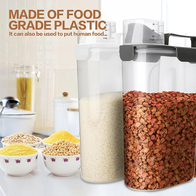 Dog Food Storage Container, 5-7 Lbs Airtight Pet Food Container, Cat food Container Dispenser with Portable Handle, Pouring Spout, Measuring Cup and a Collapsible bowl for Dogs Cats White/6Qt