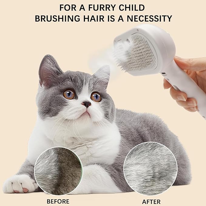 Pet Steam Brush for Cats and Dogs, 3 In 1 Steamy Cat Brush with Release Button and Tank, Anti-Static Pet Spray Hair Removal Comb, Rechargeable Dog Steam Comb for Furry (White)