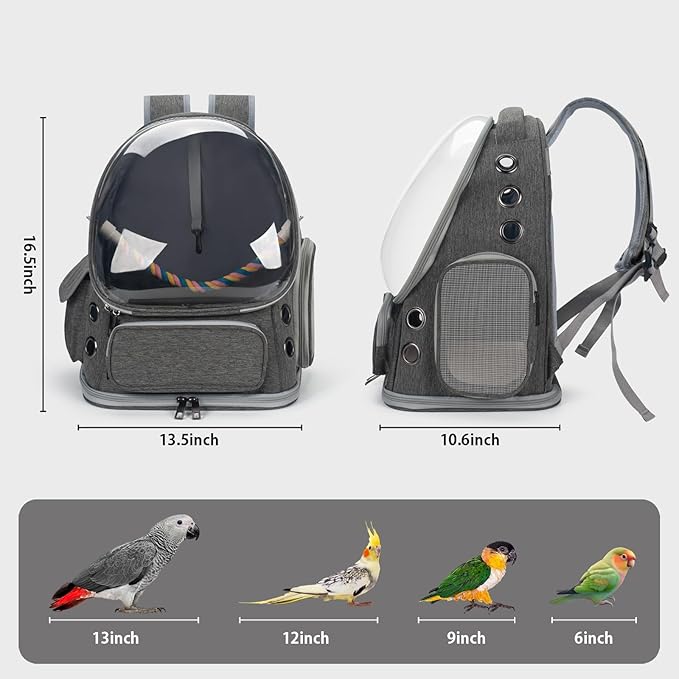 Bird Backpack Carrier Travel Cage with Perch, Tray and Breathable Clear Window, Bird Travel Cage for Cockatiel Caique Conure Quaker, for Vetting Camping Hiking (Grey)