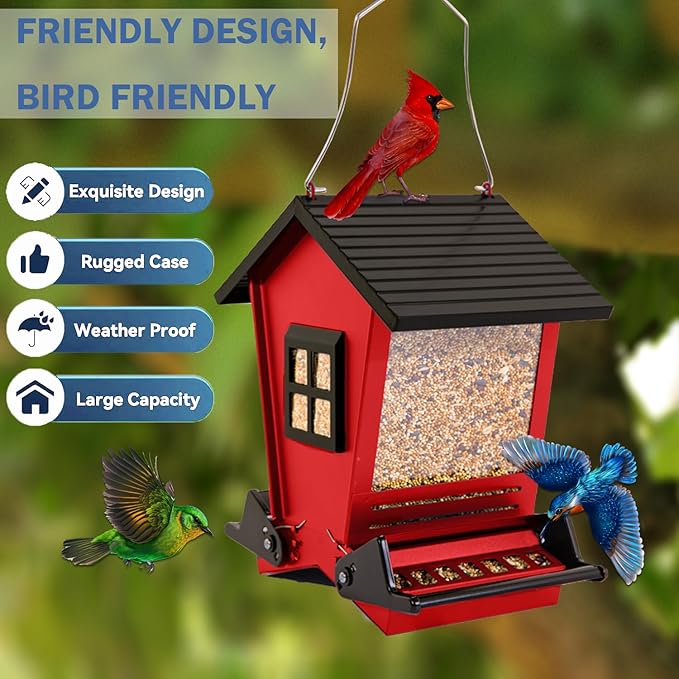LSCQYYCCSquirrel Proof Bird Feeders for Outdoors Hanging, 5LB Capacity Metal Wild Birdfeeders Outside Hanging,Large Feeder That Attracts Cardinals, Chickadees, and More Birds-One in red ﻿