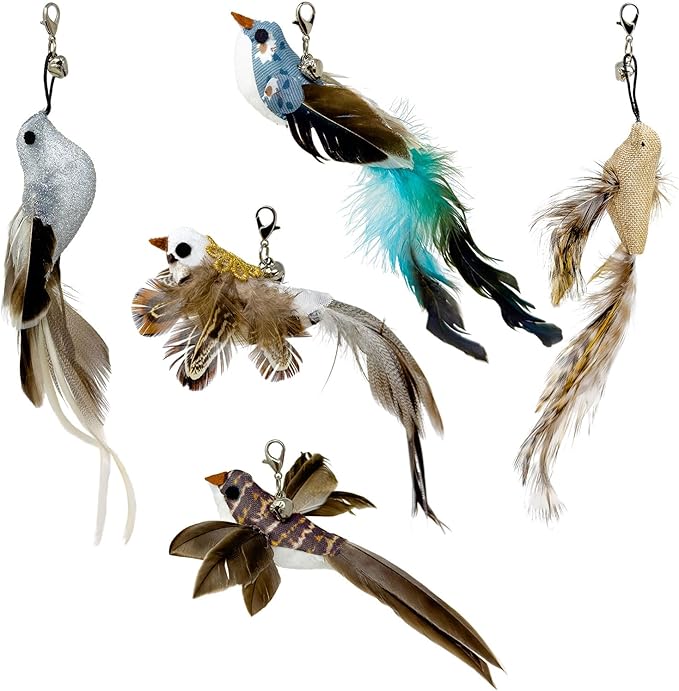 Whiskertons Interactive Bird Simulation Cat Toy Set, Interactive Cat Toys for Indoor Cats, Cat Feather Toy, Self-Holding Suction Base, 5 Replacement Birds, Feathers & Bells (5 Replacement Birds)