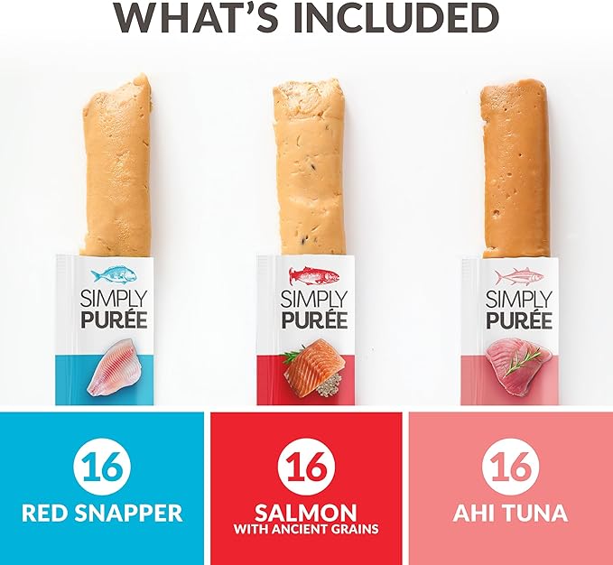 Simply Puree Variety Tub for Cats | 48 Individual Servings of All-Natural, High-Protein Puree Treats | Includes Multiple Flavors | Grain-Free, No Artificial Additives, Smooth Texture