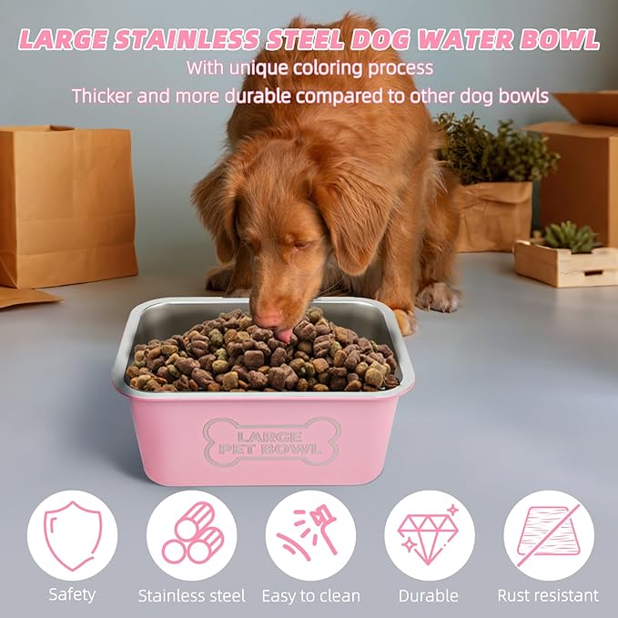3 Gallons Large Dog Water Bowl, High Capacity Stainless Steel Dog Bowls, Indoor Outdoor Water Bowl for Dogs Metal Pet Food Dish for Medium Large Giant Breed Easy to Clean (Pink)