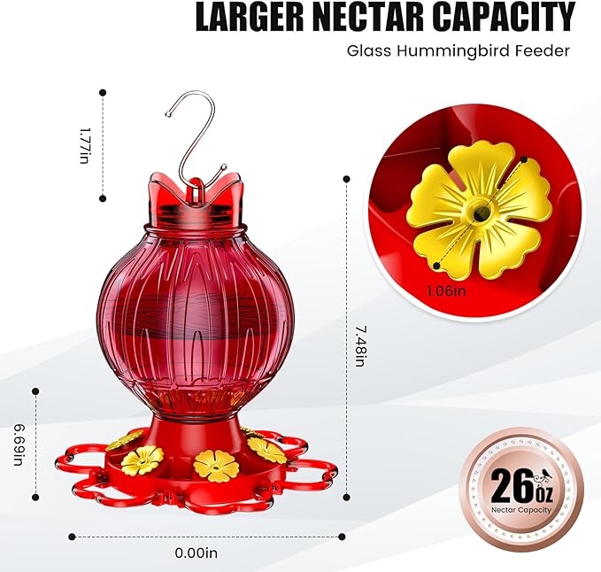 Hummingbird Feeders for Outdoors, 26Oz Hanging Hummingbird Feeder with 6 Feeding Ports and Perches, with Ant Moat, Bird Feeder for Outside Garden Decor Backyard, Gifts for Women Mom, Red
