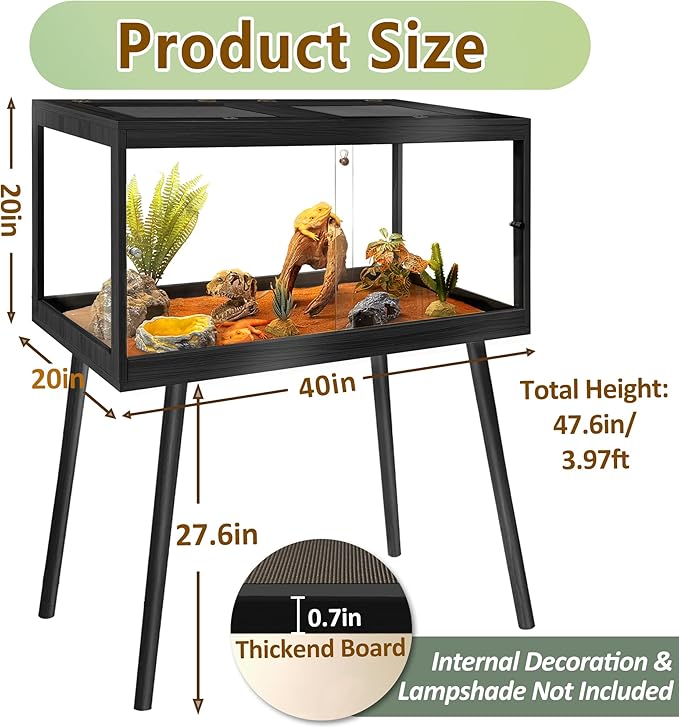 Prolee Tempered Glass Reptile Enclosure with Leg,40“ Scratch-Proof Bearded Dragon Tank,62 Gallon Lizard Tank with Metal Mesh Tops and Lockable Door,Spacious Reptile Habitat for Snake,Lizard (Black)