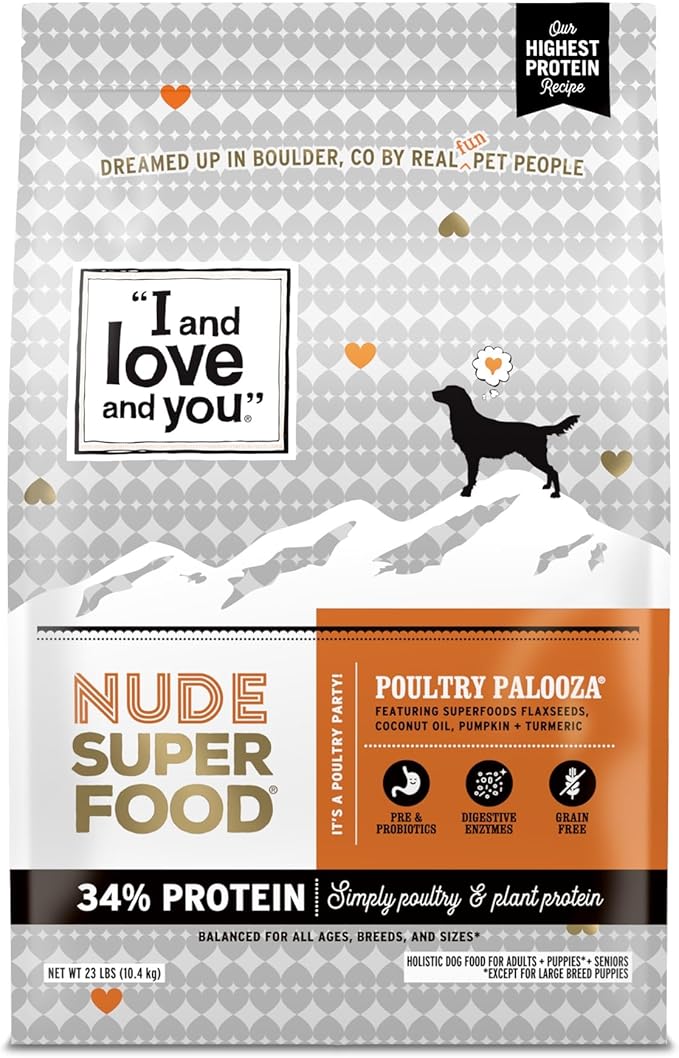 I and love and you Nude Super Food Dry Dog Food - Turkey + Chicken - Prebiotic + Probiotic, Grain Free, Real Meat, No Fillers, 23lb Bag