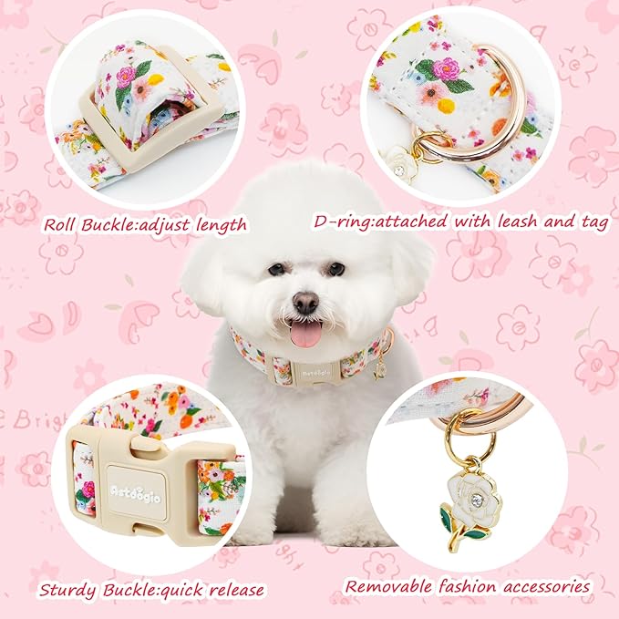 Handmade Cotton Floral Dog Collar,Blooming Pastel Roses Design Collar for Dogs, Breathable, Adjustable, Soft, and Comfortable Collars for Small Dogs, Trendy Daily Wear for Boy & Girl Puppy-S