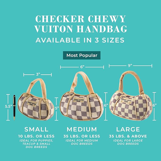 Haute Diggity Dog Checker Chewy Vuiton Handbag, Plush Designer Dog Toys with Interactive Squeaker, Stimulating Pet Enrichment, Machine-Washable & Safe Materials for All Breeds, Size Large
