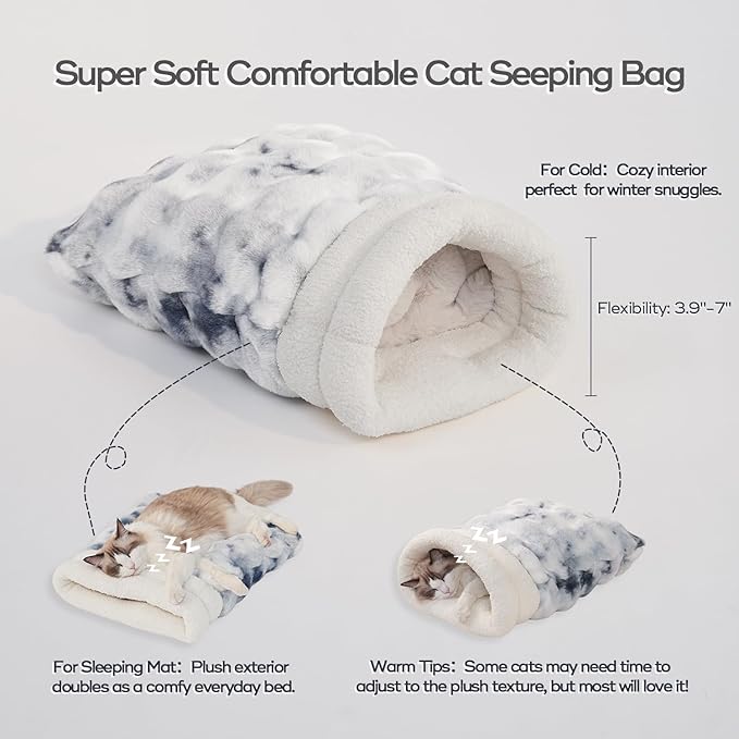 Cat Sleeping Bed for Indoor Cats Self Warming Cat Bag Fits up to 15 lbs Pets Soft Plush Warm Bed 360° Wrap Bag Washable Comfortable Pet Sleeping Bed 21" × 17" Blue White