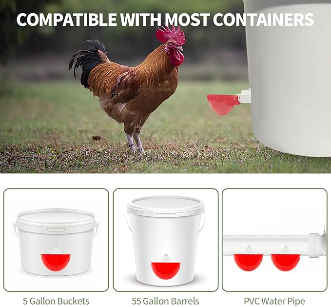 10PCS Chicken Waterer Cups, Red Automatic Poultry Watering Cups, Tee Fittings Poultry Waterer with Mounting Hole Opener,Ideal for Chicken Coop, Ducks, and Backyard Poultry