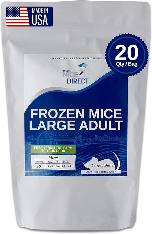Frozen Large Adult Feeder Mice Food for Adult Ball Pythons Juvenile Red Tale Boa Monitors Lizards (20 Count)